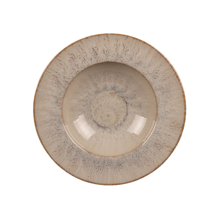 Top view of Akaris ceramic pasta plate with speckled handcrafted glaze.