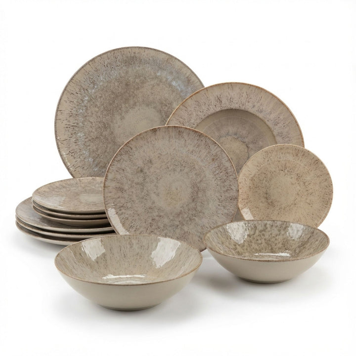Akaris ceramic tableware set with plates and bowls in neutral beige tones.