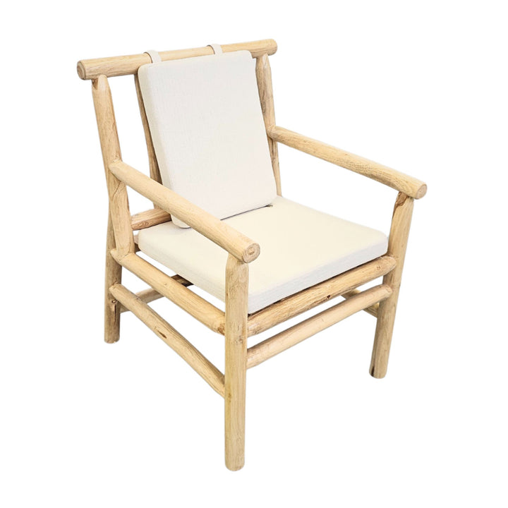 Angled perspective of the Akasa dining chair showing its rustic handcrafted design.