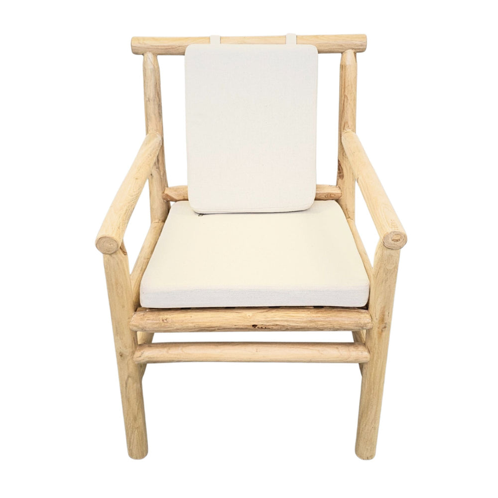 Front view of the Akasa Teak Branch Dining Chair showing its natural teak frame and cream cushions.