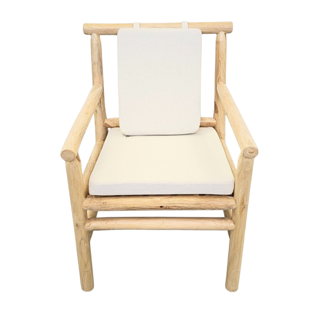 Front view of the Akasa Teak Branch Dining Chair showing its natural teak frame and cream cushions.
