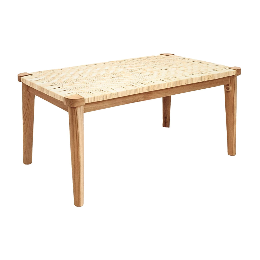 Front view of Akrasia teak wood and rattan coffee table