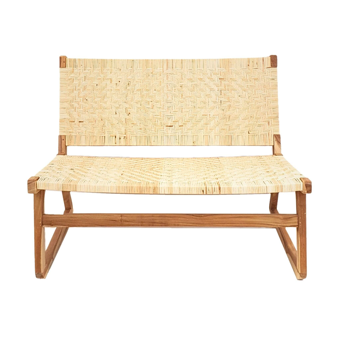 Front view of Akrasia teak and rattan two-seater sofa