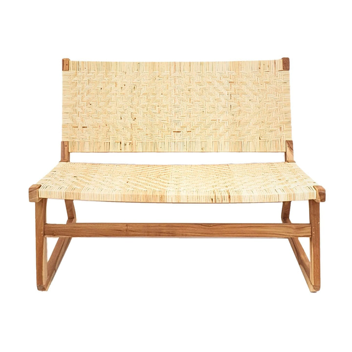 Front view of Akrasia teak and rattan two-seater sofa