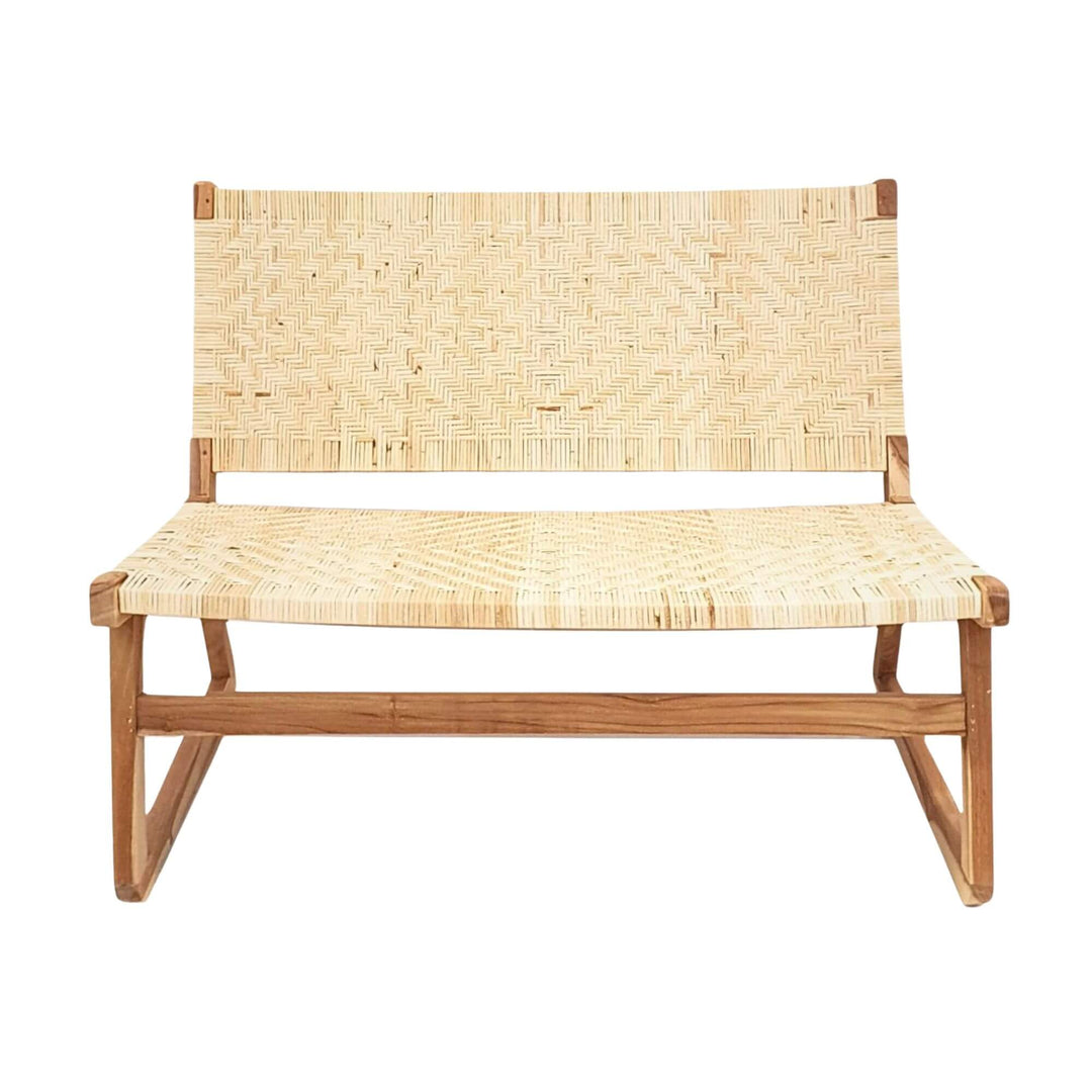 Front view of Akrasia teak and rattan two-seater sofa