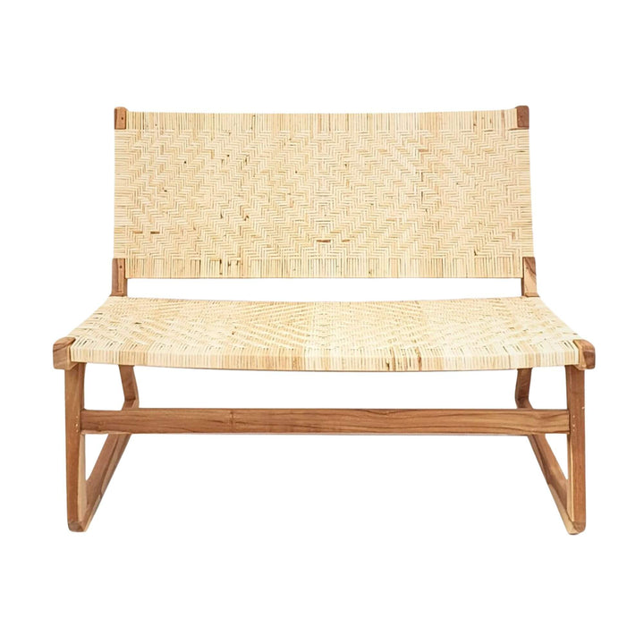 Front view of Akrasia teak and rattan two-seater sofa