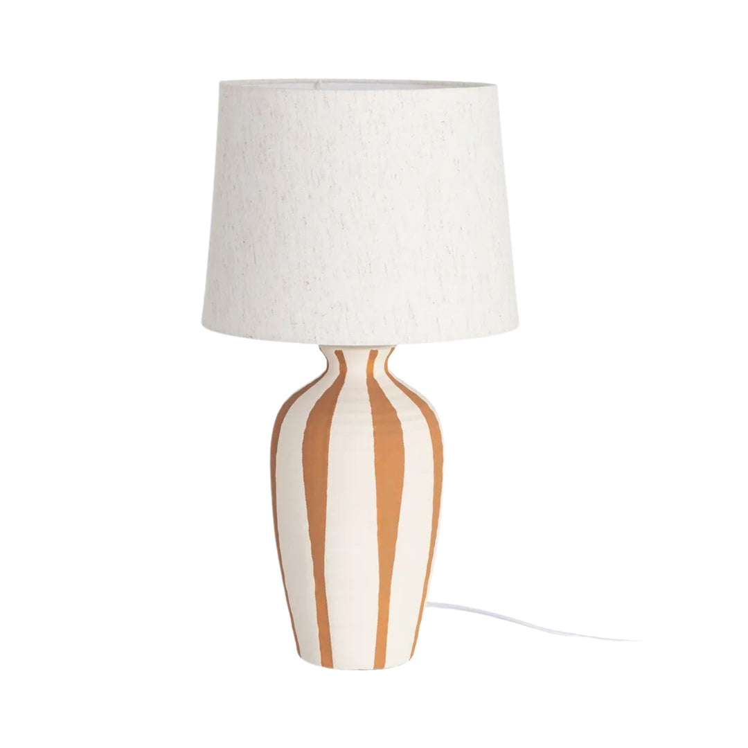 Front view of the Alba table lamp showing its ceramic base with painted terracotta lines and textile shade.