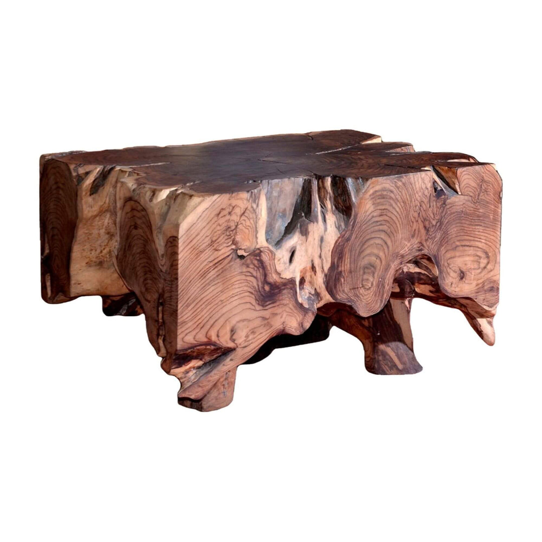 Square suar wood coffee table with natural sculpted edges and rich organic grain.
