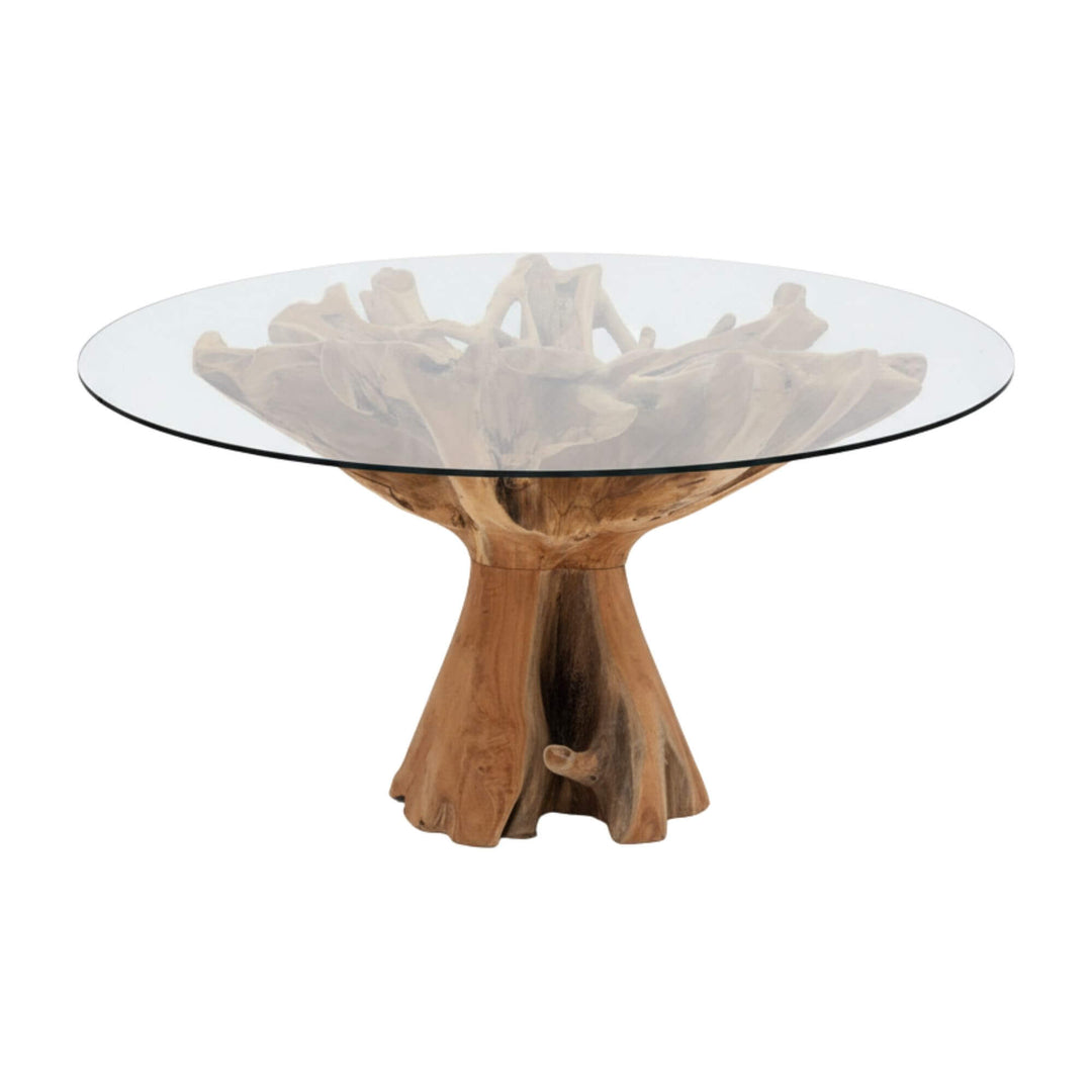 Glass-top coffee table with natural wood base on a white background