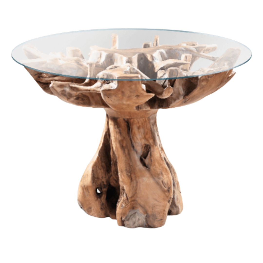Wooden table with teak root base and glass top