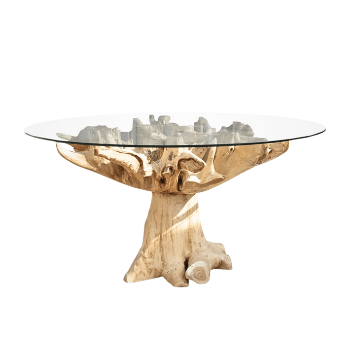 Glass-top table with natural wood base on a white background