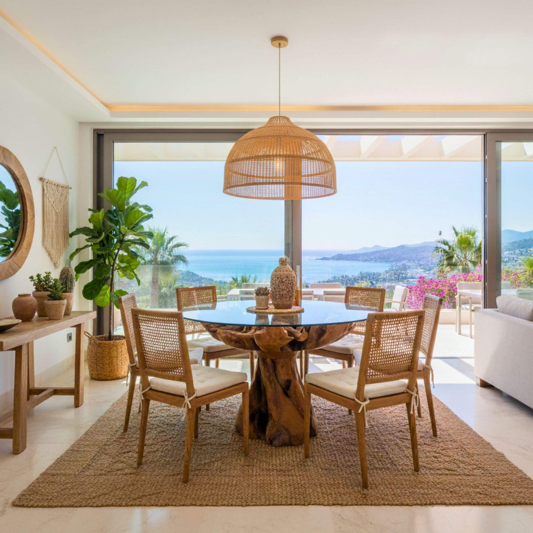 Dining area with Aldebaran Root Dining table and chairs, large sliding glass doors, and scenic view.