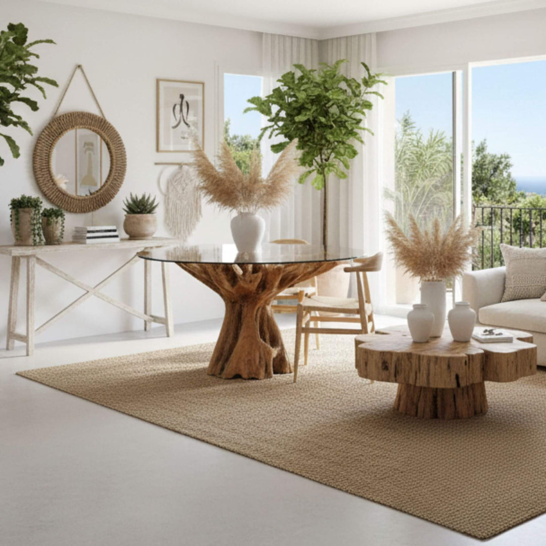 Modern dining room with Aldebaran teak root dining table and chairs, plants, and a large window.