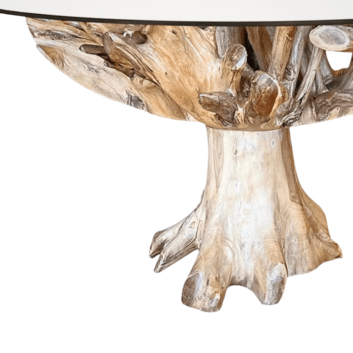 Wooden table with a natural, organic design on a white background