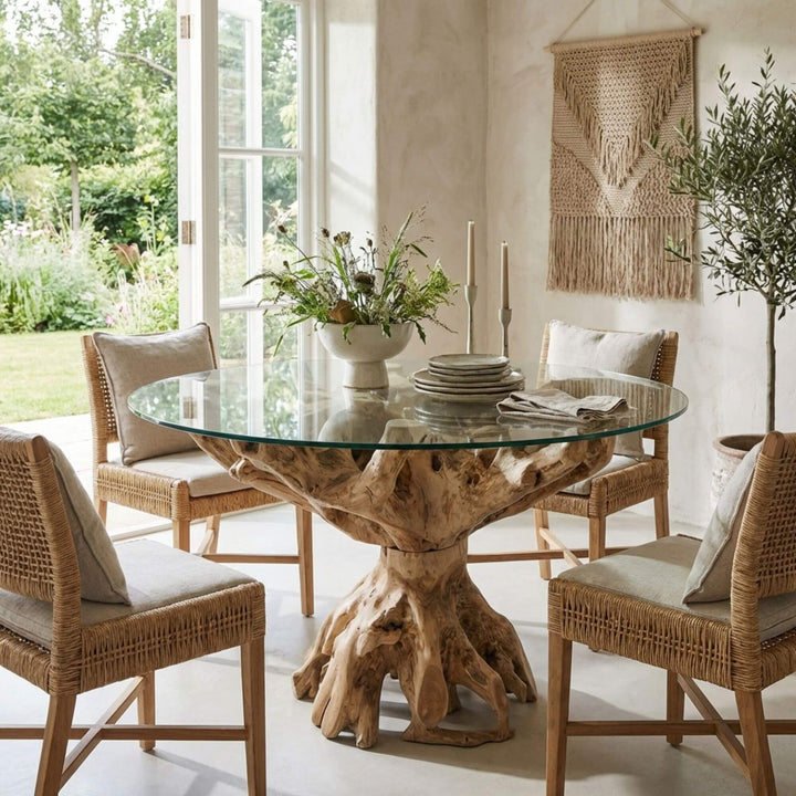 Dining room with a glass Aldebaran teak root dining table, surrounded by wicker chairs.