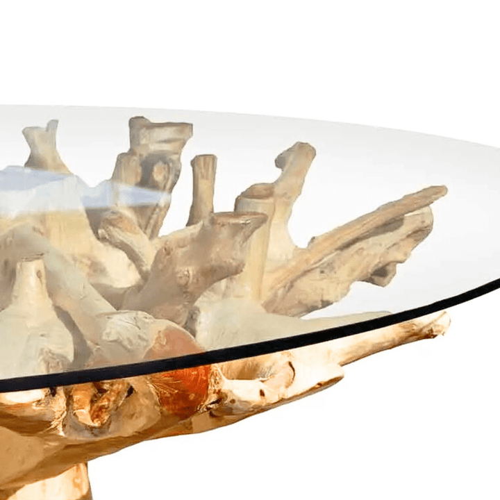 Glass table with organic wood base on a white background
