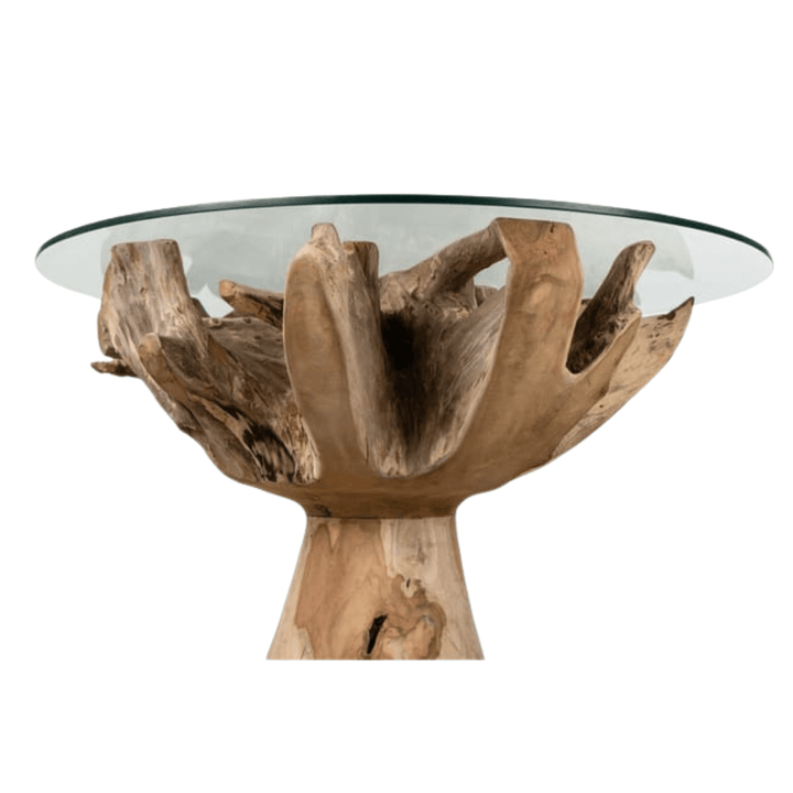 Wooden table with natural driftwood design and glass top on a white background