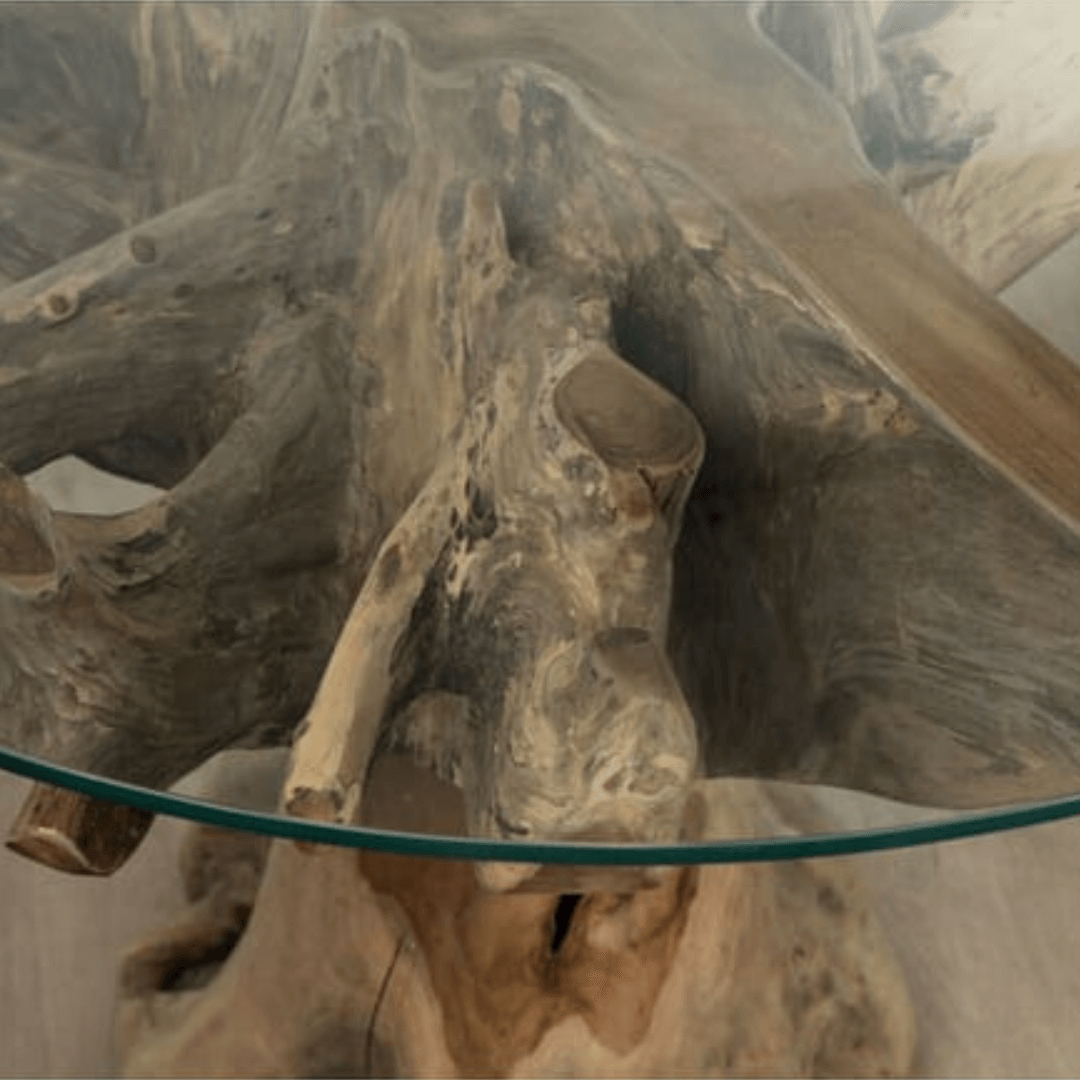 Glass table with natural wood design on a neutral background