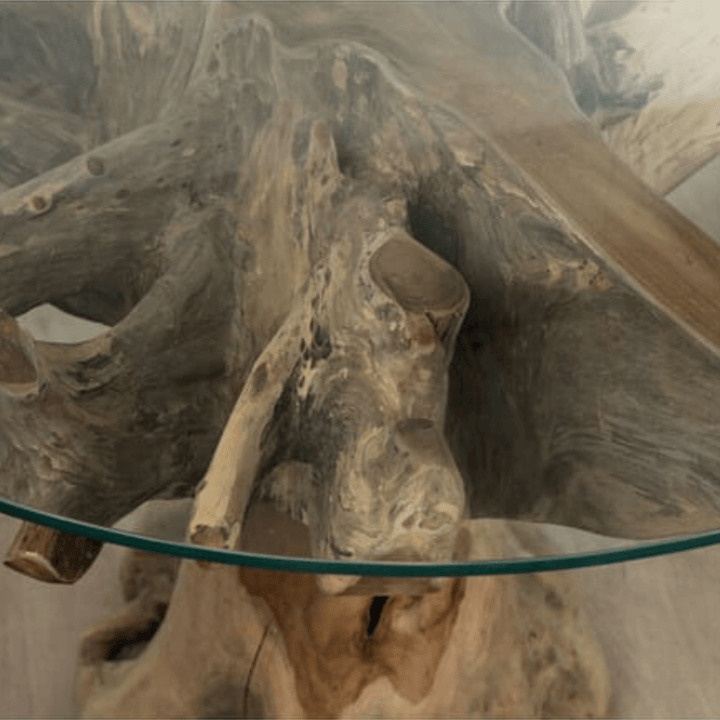 Glass table with natural wood design on a neutral background