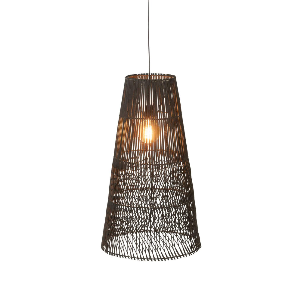 Lit handcrafted rattan Alexia ceiling lamp displayed against white background.