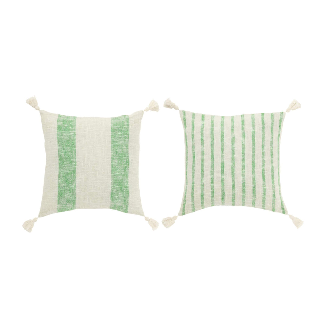 Set of two cushions with green striped patterns and cream tassels.