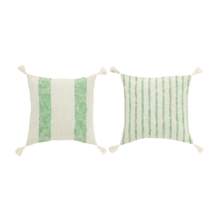 Set of two cushions with green striped patterns and cream tassels.