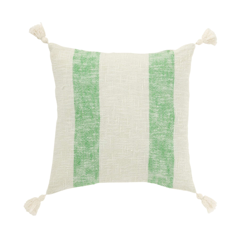 Cushion with two wide green vertical stripes and tassels on corners.