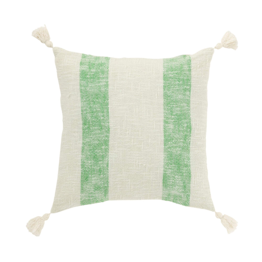 Cushion with two wide green vertical stripes and tassels on corners.