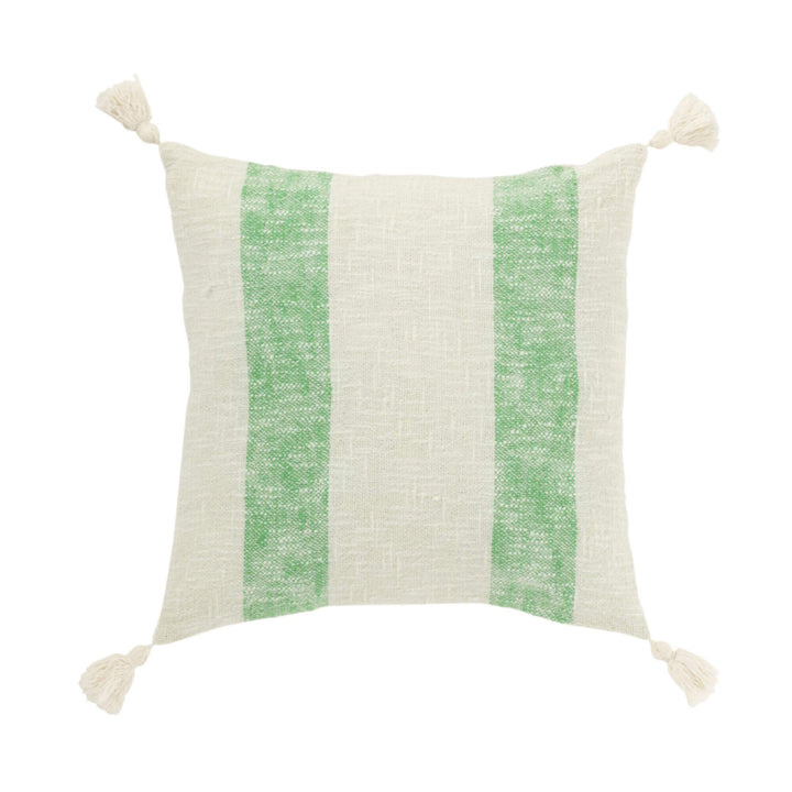 Cushion with two wide green vertical stripes and tassels on corners.