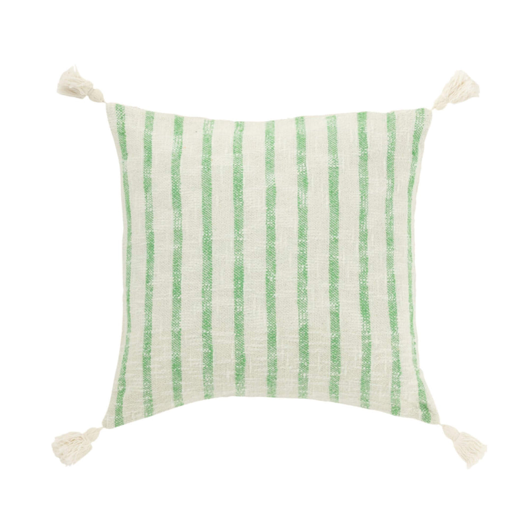 Green and cream vertical striped cushion with tassels on each corner.