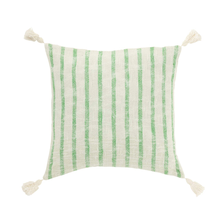 Green and cream vertical striped cushion with tassels on each corner.