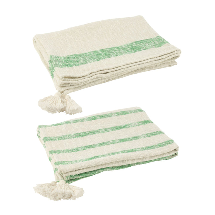 Set of two folded Alga Plaids showing both stripe patterns (narrow and wide) with tassels.