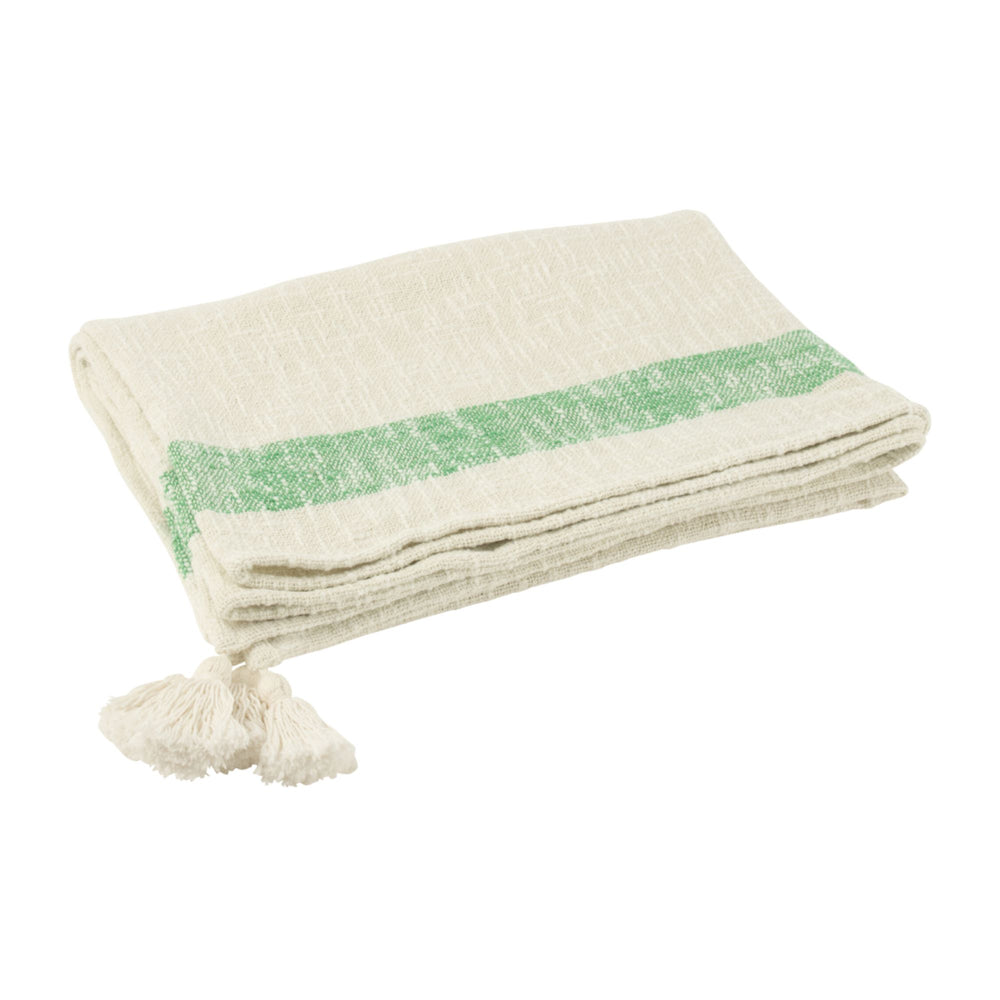 Folded Alga Plaid displaying the wide green band version with tassels.