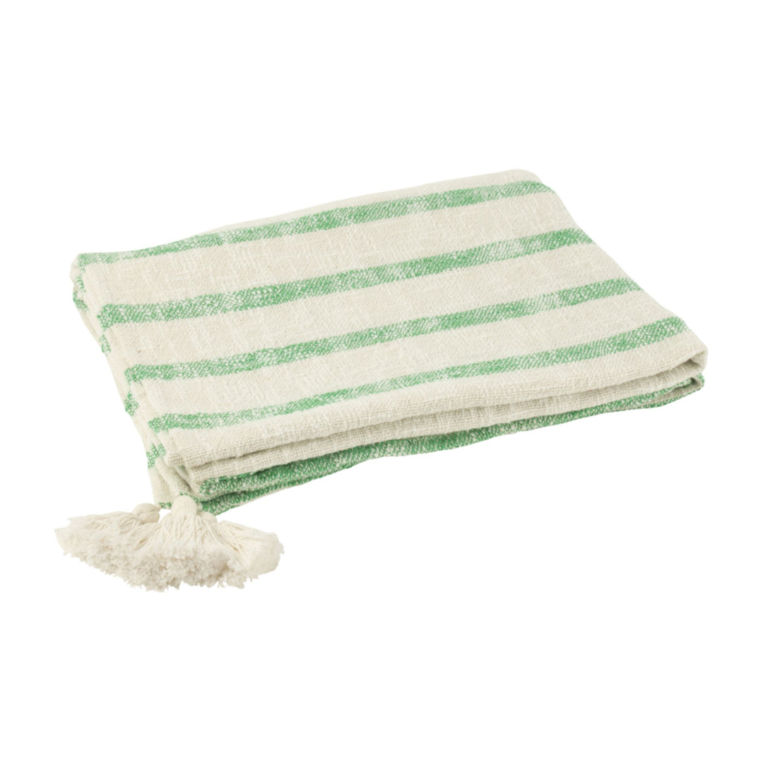 Folded Alga Plaid, narrow green stripes visible with tassel.