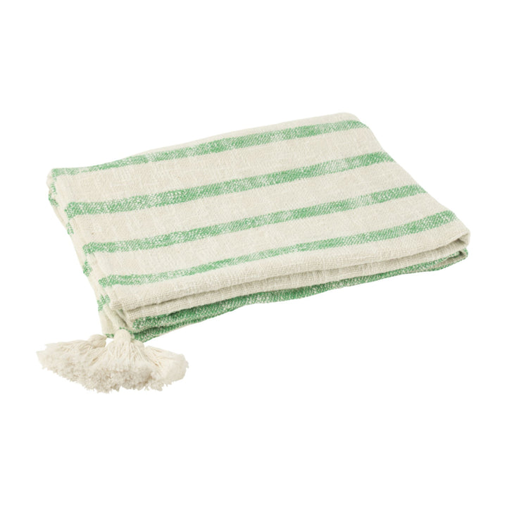 Folded Alga Plaid, narrow green stripes visible with tassel.