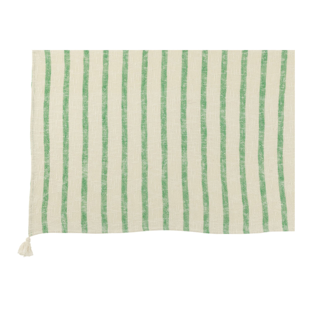 Alga Plaid with green stripes on ivory and tassel detail.
