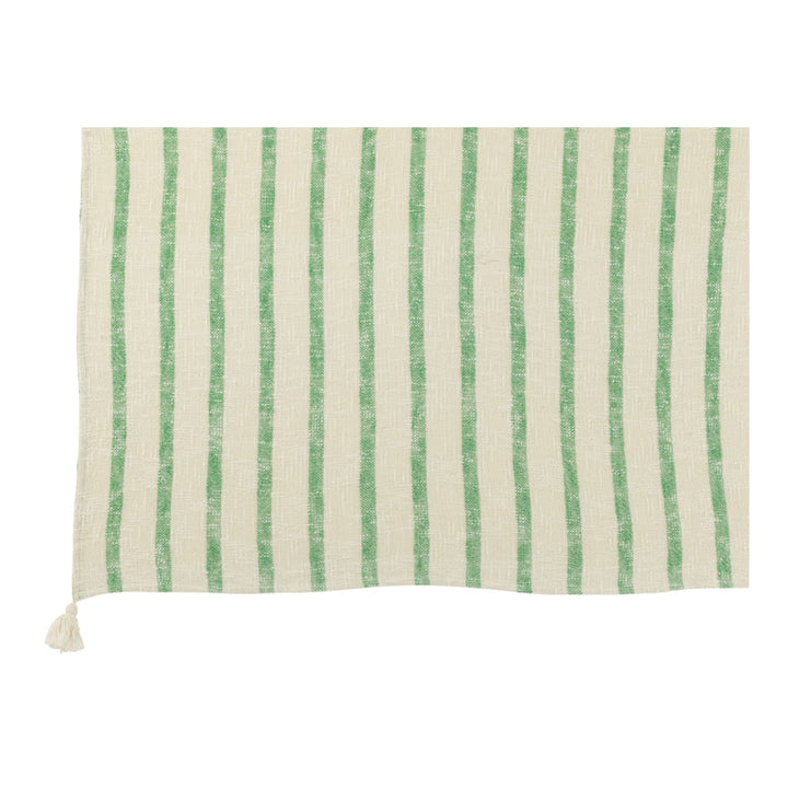 Alga Plaid with green stripes on ivory and tassel detail.