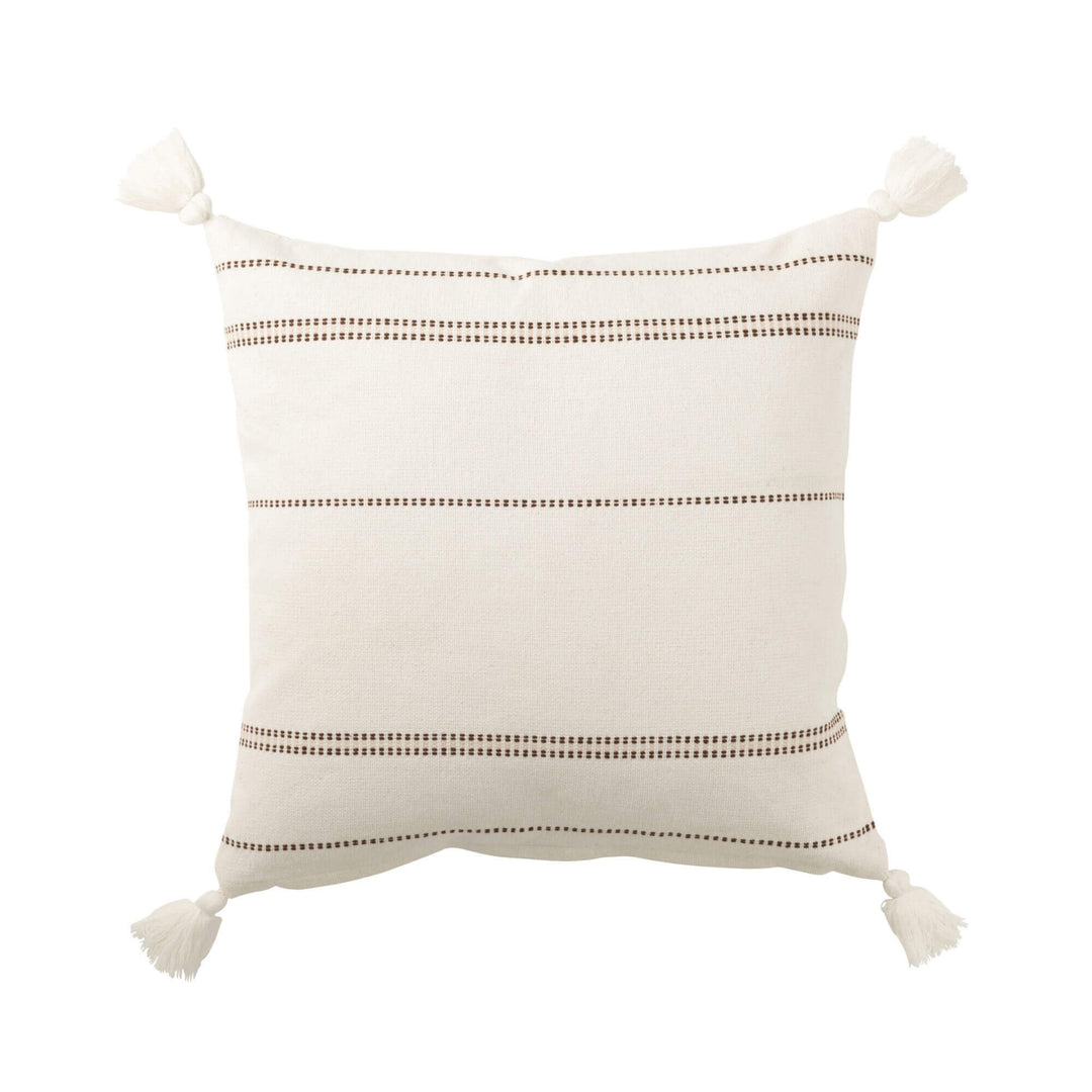 Front view of Alma Cushion White showing subtle brown stitched stripes and tassels