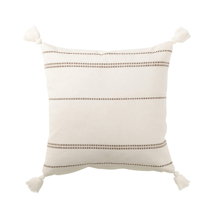 Front view of Alma Cushion White showing subtle brown stitched stripes and tassels