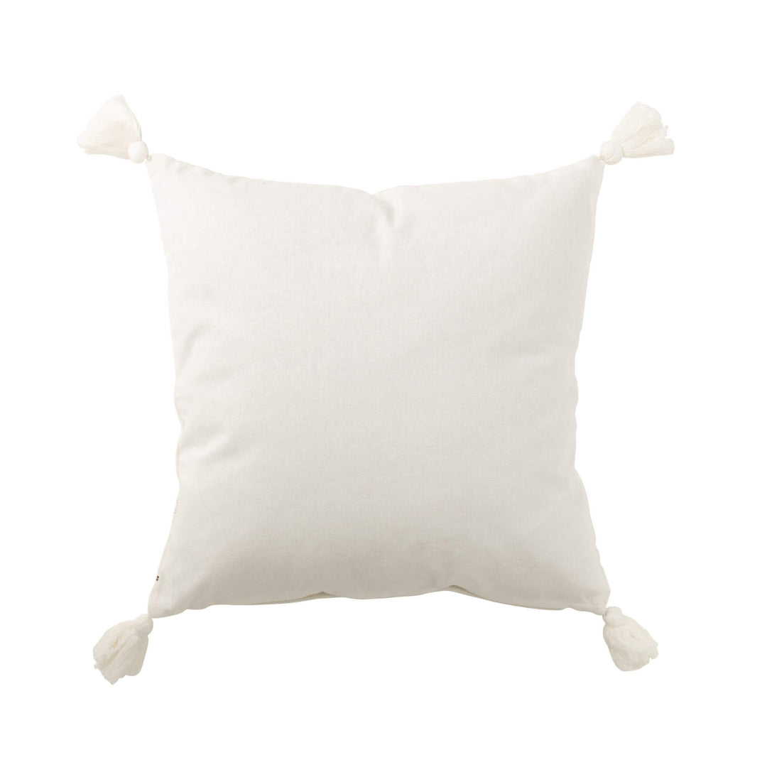 Back view of Alma Cushion White with tasselled corners in soft 100% cotton.
