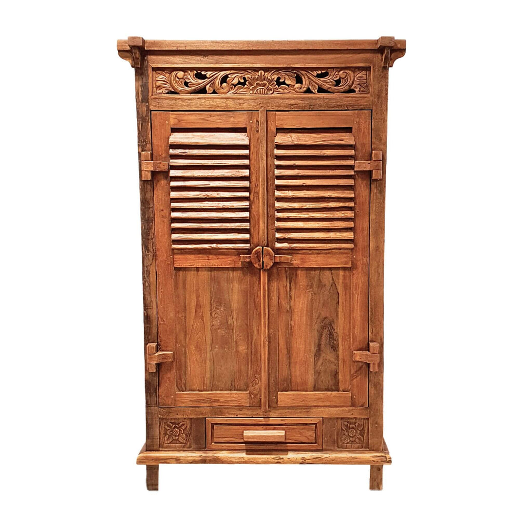 Front view of Althea teak wood wardrobe with louvered doors, 126x63x205 cm.