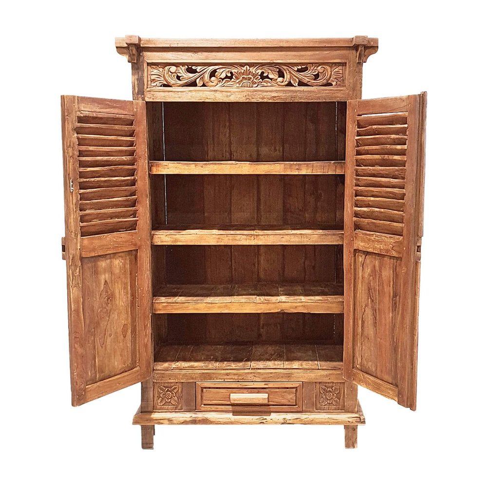 Althea teak wardrobe opened showing interior shelves and lower drawer.