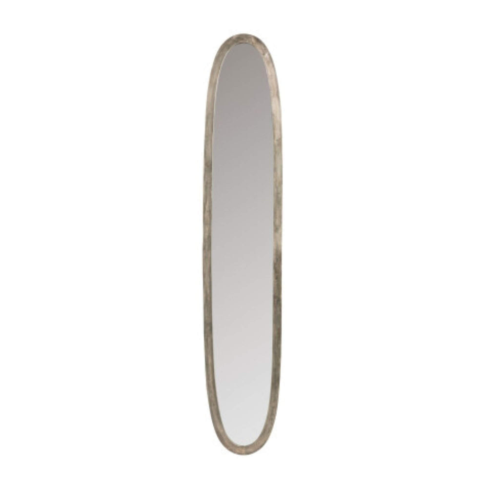 Tall oval wall mirror size L with slim aluminum frame in matte natural finish