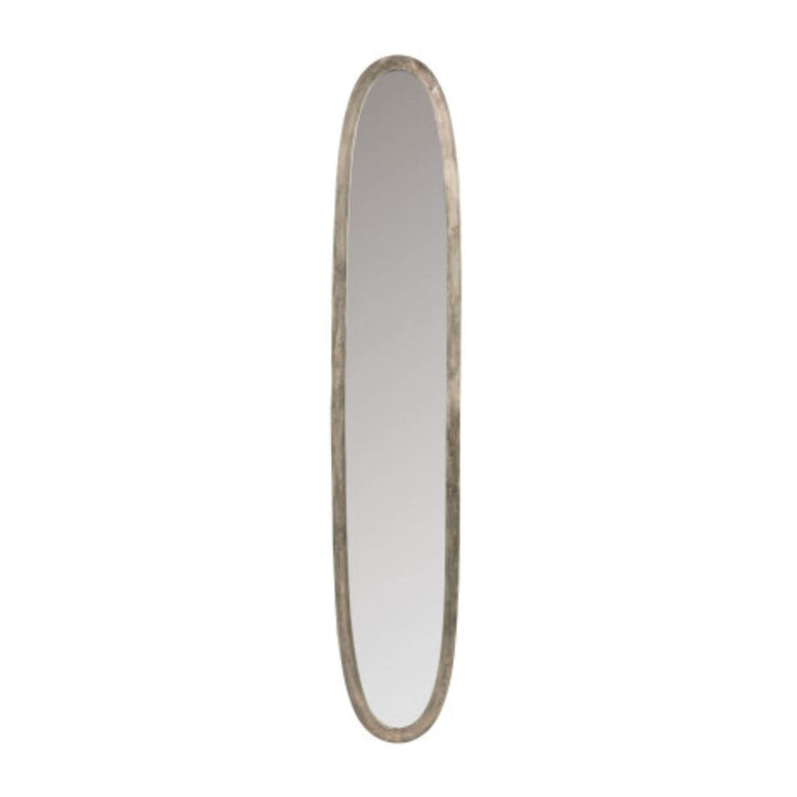 Tall oval wall mirror size L with slim aluminum frame in matte natural finish
