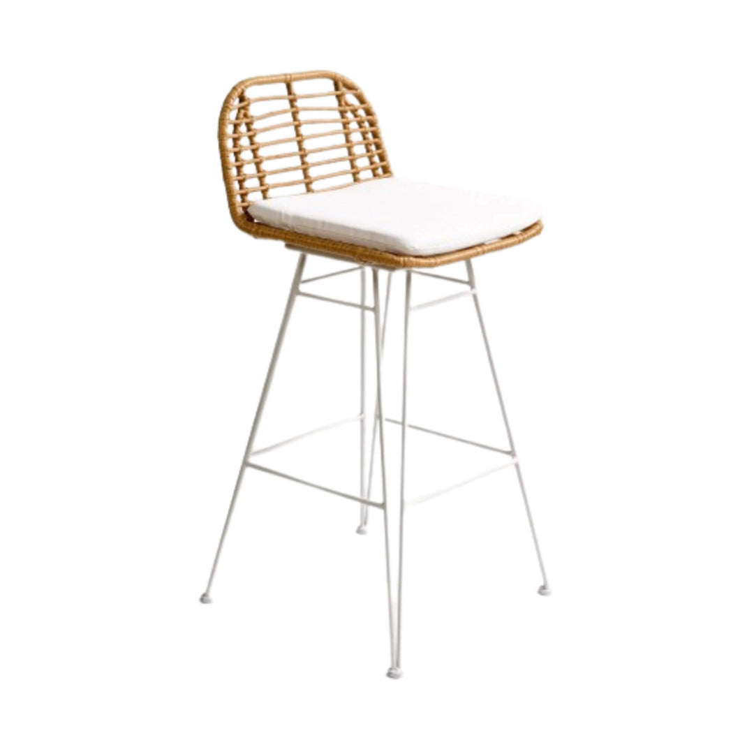 Natural synthetic rattan bar stool with white cushion and white metal frame, Mediterranean style.