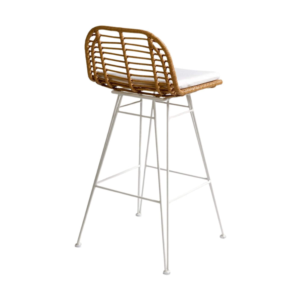 Back view of Amalfi bar stool showing woven rattan backrest and tall metal legs.