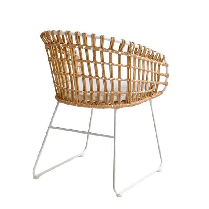 Amalfi dining chair rear view with natural synthetic rattan weave and white metal legs