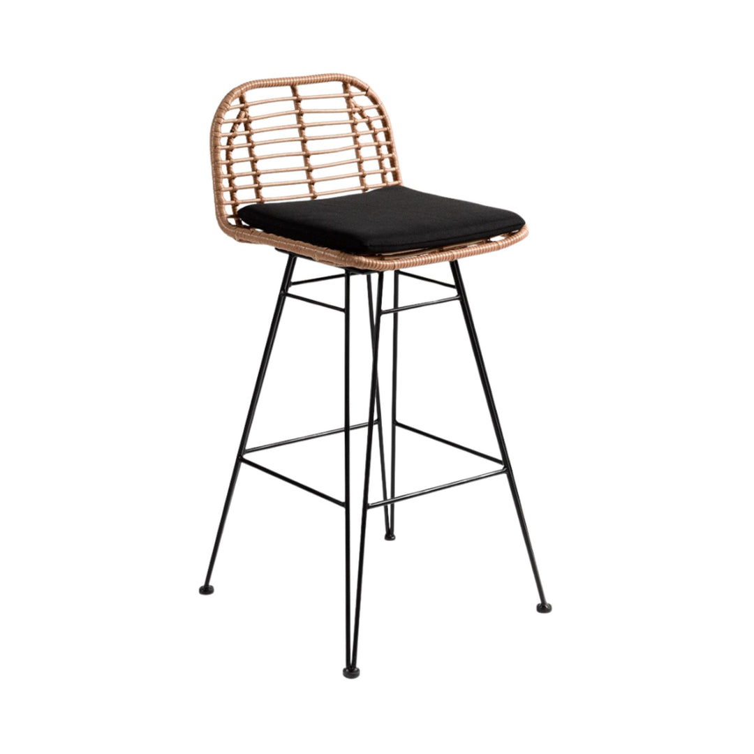 Angled view of modern Amalfi kitchen bar stool with natural rattan and black metal structure.