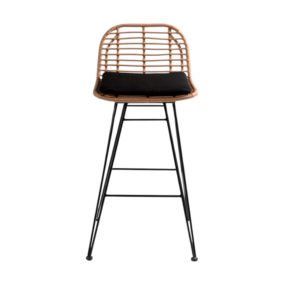 Front view of Amalfi kitchen bar stool with natural woven rattan and black cushion on metal legs.