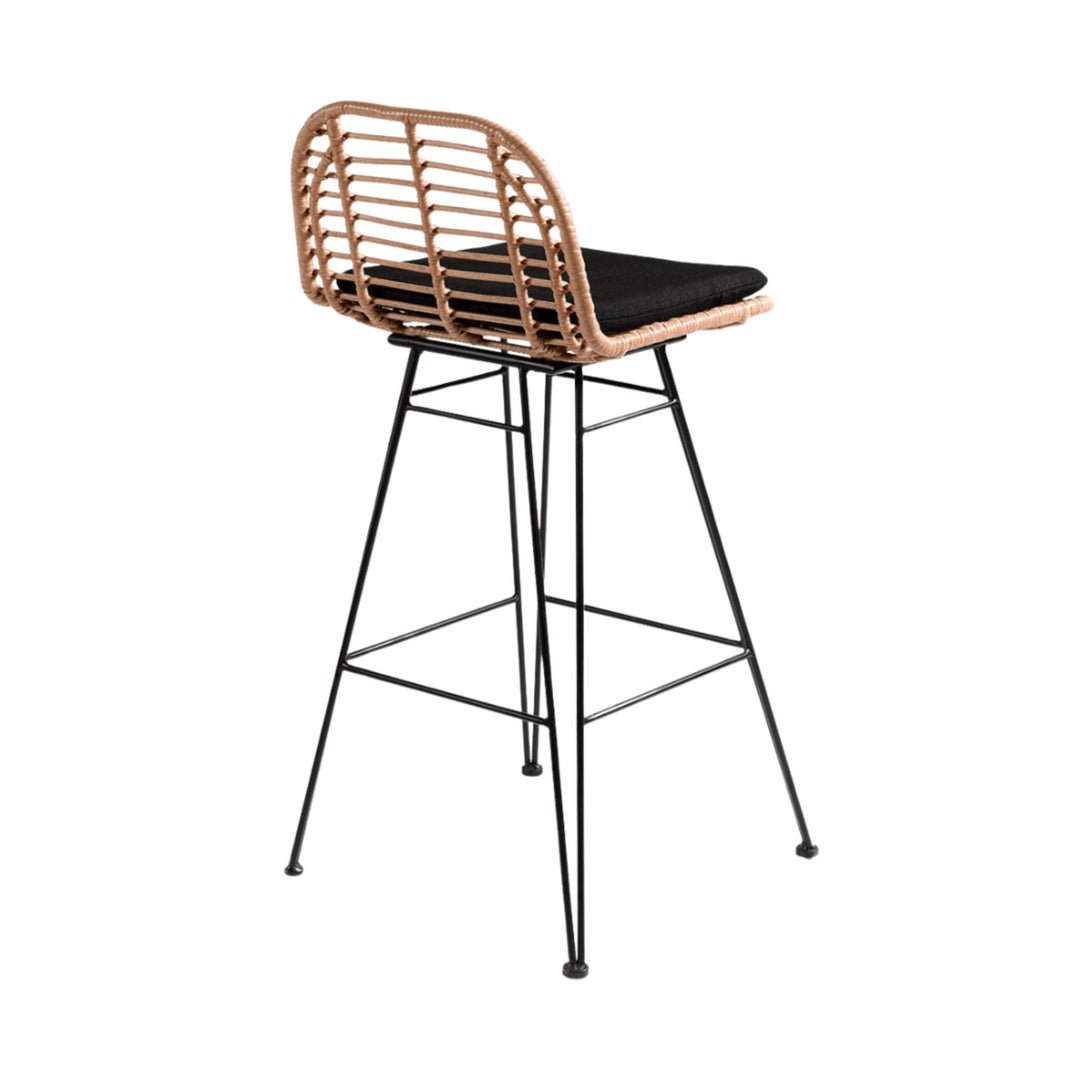 Back view of Amalfi bar stool showing woven rattan backrest and tall metal legs.